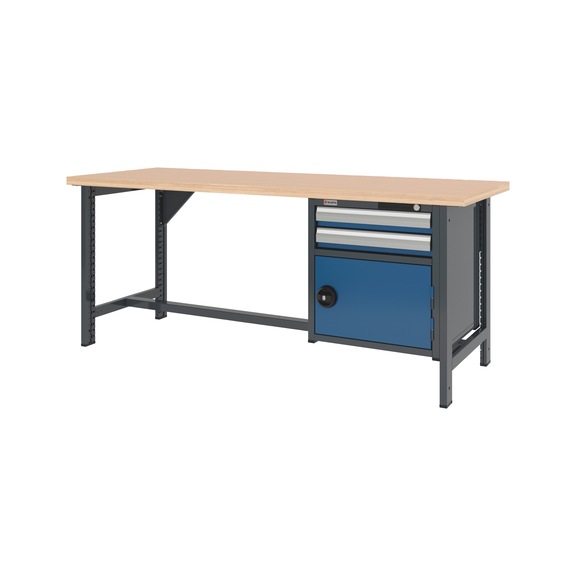 System workbench 2000&nbsp;mm with 2 fixed workbench feet and combination wall-mounted cabinet 8.6 - WRKBNCH-2LEG-COMBICAB-2000-H835-R5010