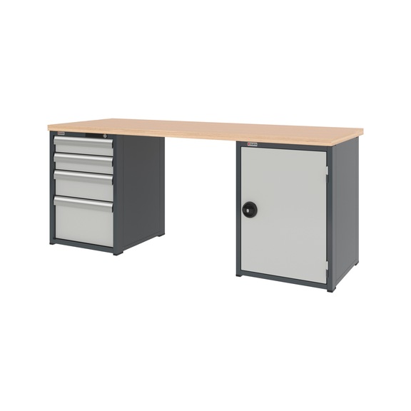 System-Werkbank 2000 mm mit 1 Schubladen-Unterbauschrank 8.6 und 1 Flügeltüren-Unterbauschrank 8.6 - WRKBANK-2SHRNK-4SL1FT-2000-H835-RAL7035