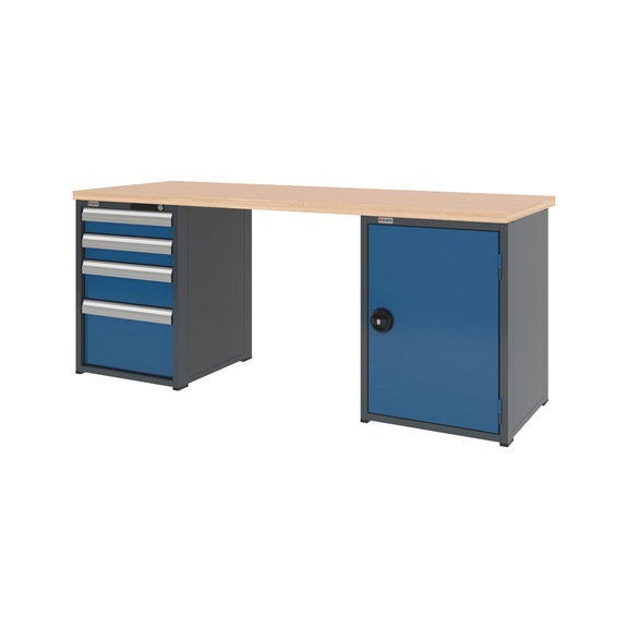 System workbench 2000&nbsp;mm with 1 drawer undercounter cabinet 8.6 and 1 hinged door undercounter cabinet 8.6 - WRKBNCH-2CAB-4DRWR1WD-2000-H835-RAL5010