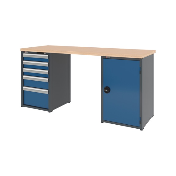 System workbench 2000&nbsp;mm with 1 drawer undercounter cabinet 8.6 and 1 hinged door undercounter cabinet 8.6 - WRKBNCH-2CAB-5DRWR1WD-2000-H955-RAL5010