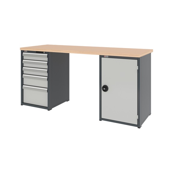 System-Werkbank 2000 mm mit 1 Schubladen-Unterbauschrank 8.6 und 1 Flügeltüren-Unterbauschrank 8.6 - WRKBANK-2SHRNK-5SL1FT-2000-H955-RAL7035