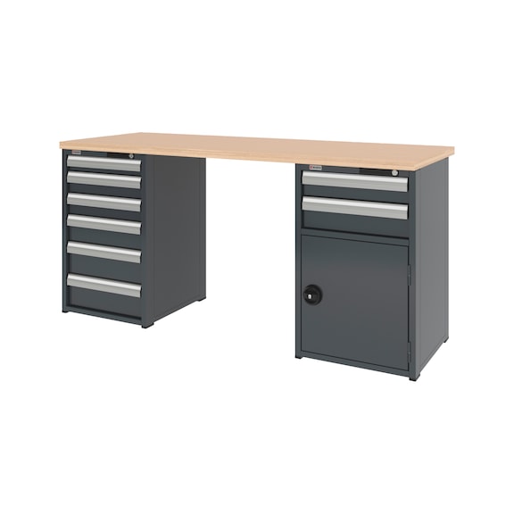 System-Werkbank 2000 mm mit 1 Schubladen-Unterbauschrank 8.6 und 1 Kombi-Unterbauschrank 8.6 - WRKBANK-2SHRNK-8SL1FT-2000-H955-RAL7016