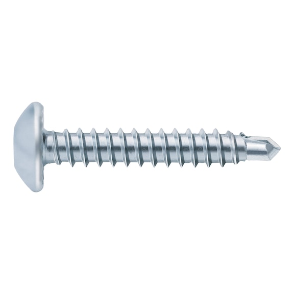 Flat head drilling screw with cross-recessed head and AW drive
