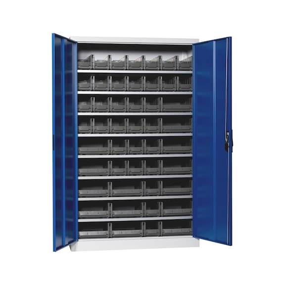 Flügeltürenschrank Tiefe 500 mm mit System-Lagerboxen W-SLB Größe 3 und 4 - FLGTRSHRNK-VOLLBL-SLB-FB523-BOX-RAL5010