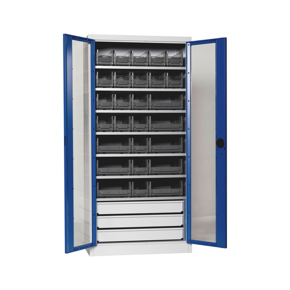 Flügeltürenschrank Tiefe 500 mm mit Sichtfenstertüren und System-Lagerboxen W-SLB Größe 3 und 4 - FLGTRSHRNK-SICHTF-SLB-FB520S-BOX-RAL5010