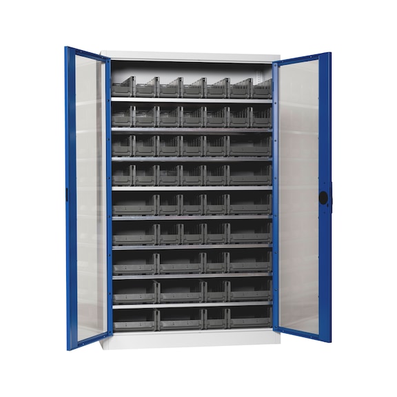 Flügeltürenschrank Tiefe 500 mm mit Sichtfenstertüren und System-Lagerboxen W-SLB Größe 3 und 4 - FLGTRSHRNK-SICHTF-SLB-FB521-BOX-RAL5010