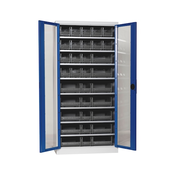 Flügeltürenschrank Tiefe 500 mm mit Sichtfenstertüren und System-Lagerboxen W-SLB Größe 3 und 4 - FLGTRSHRNK-SICHTF-SLB-FB520-BOX-RAL5010