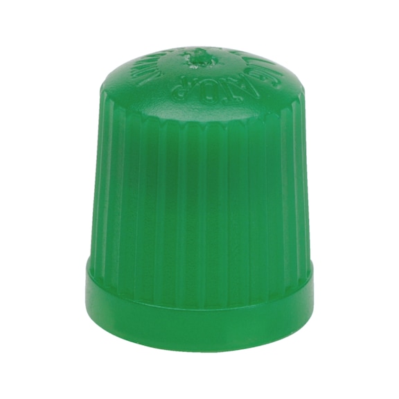 Tappo valvola in materiale plastico, verde con guarnizione