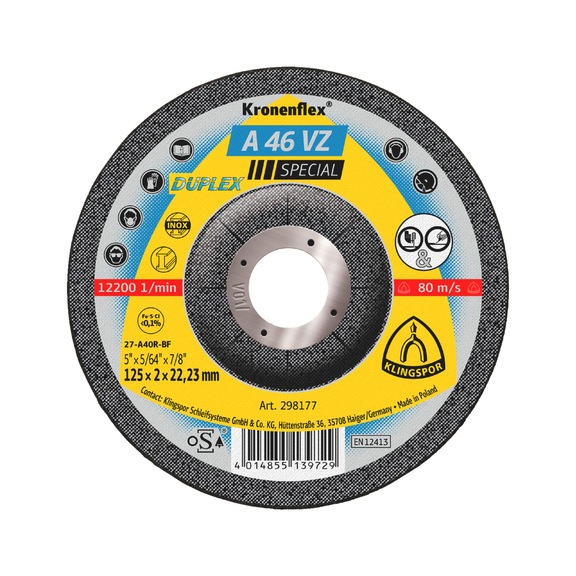 Grinding disc Klingspor A 46 VZ Special - GDISC-KLINGSPOR-298177-BO22,23-D125