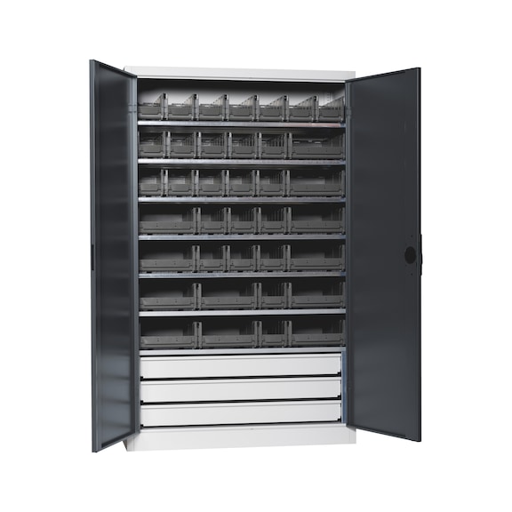 Wing door cabinet, depth 500&nbsp;mm With W-SLB system storage boxes size 3 and 4 - WNGDRCAB-STEEL-SLB-FB523S-BOX-RAL7016