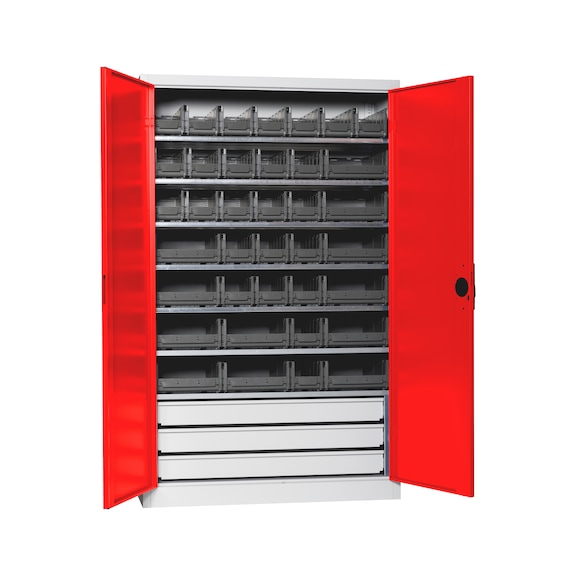 Flügeltürenschrank Tiefe 500 mm mit System-Lagerboxen W-SLB Größe 3 und 4 - FLGTRSHRNK-VOLLBL-SLB-FB523S-BOX-RAL3020