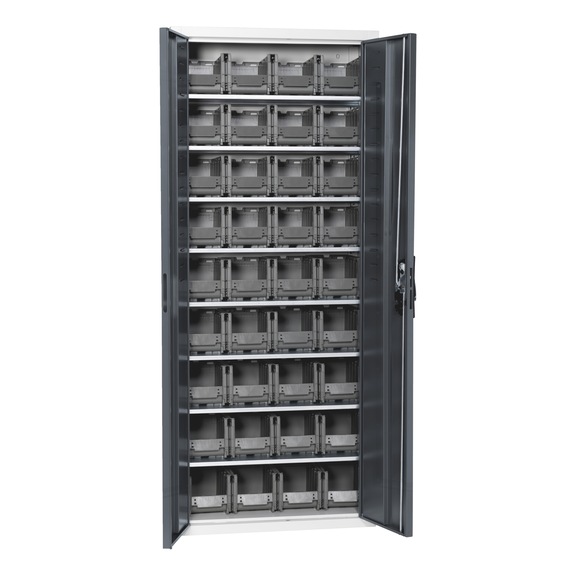 Flügeltürenschrank Tiefe 300 mm mit System-Lagerboxen W-SLB Größe 1 - FLGTRSHRNK-LGRBOX-SLB-FB311-BOX-RAL7016