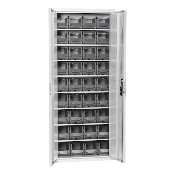 Armoire à portes battantes, profondeur 300 mm Avec boîtes de rangement du système W-SLB, taille 1 - WNGDRCAB-STRG-SLB-FB311-BOX-RAL7035