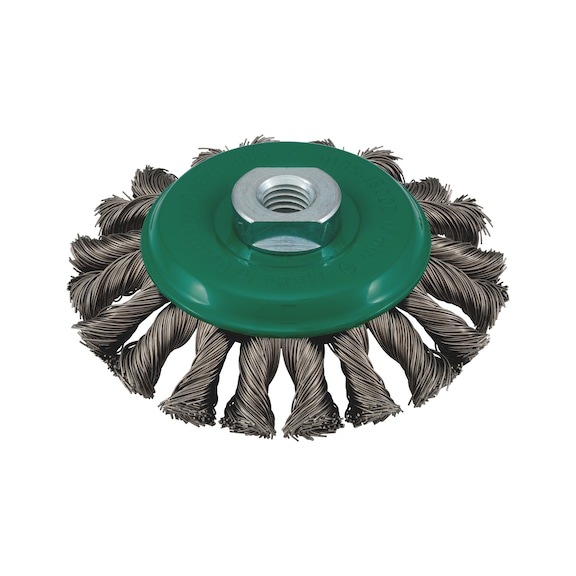 Bevel brush HEAVY DUTY knotted stainless steel with M14 connecting thread - TAPBRSH-AG-HEAVYDUTY-SST-D115X12MM