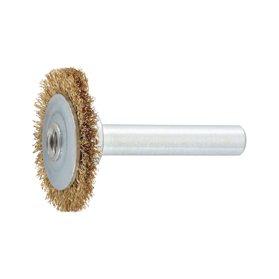 Spindle-mounted wheel brush with steel wire brass-plated