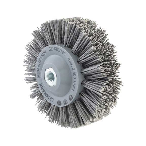 Wheel brush crimped, with nylon sanding bristles and M14 connecting thread