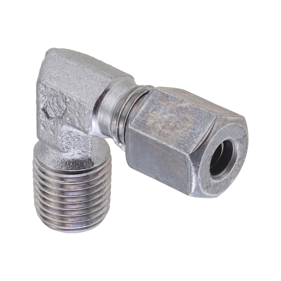 90° angled male fitting ISO 8434-1, zinc-nickel-plated steel, tapered BSPT male thread - TUBFITT-ISO8434-S-SDEC-ST-D14-R1/2