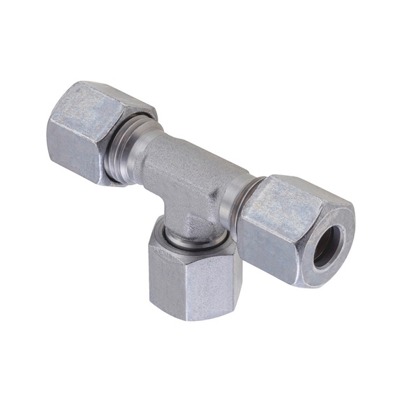 Adjustable T-shaped sealing cone fitting ISO 8434-1, zinc-nickel-plated steel, cutting ring connection with o-ring - TUBFITT-ISO8434-S-SWOBTC-ST-D14-M22X1,5