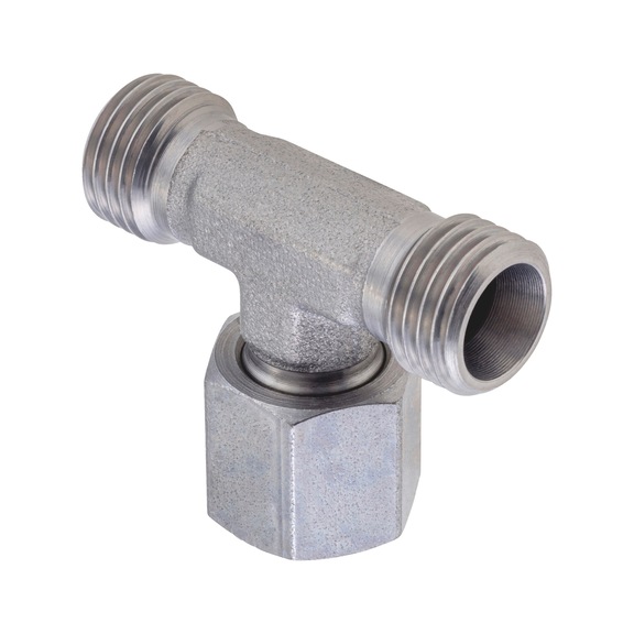 Adjustable T-shaped sealing cone fitting ISO 8434-1, zinc-nickel-plated steel, cutting ring connection with o-ring - TUBFITT-ISO8434-S-SWOBT-ST-D10-M18X1,5