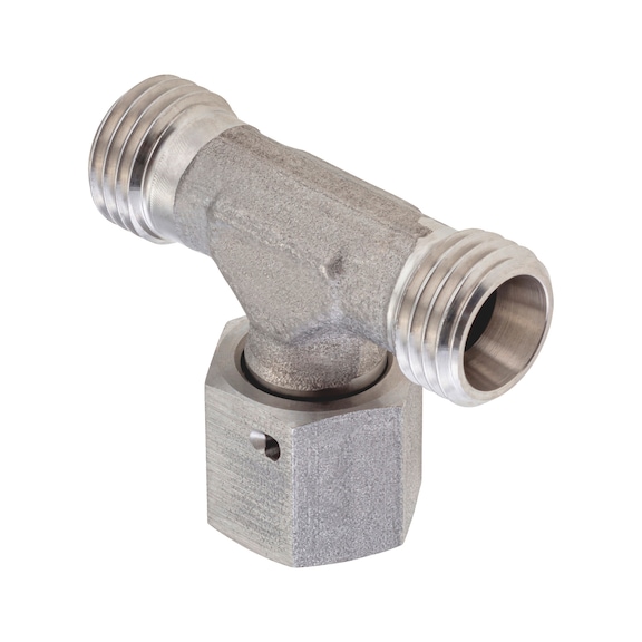 Adjustable T-shaped sealing cone fitting ISO 8434-1, stainless steel 1.4571, cutting ring connection with o-ring - 1