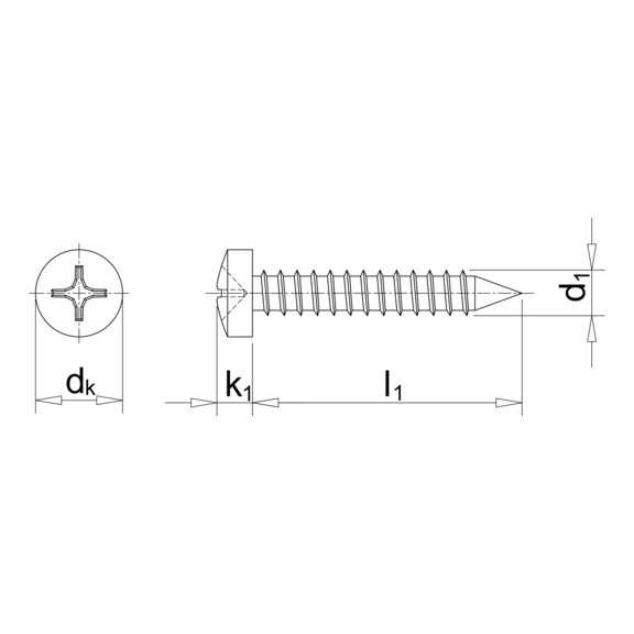Linsen-Blechschraube Form C mit Kreuzschlitz H DIN 7981, Stahl verzinkt, blau passiviert (A2K), Form C, mit Spitze - 2