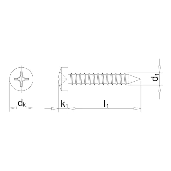 Linsen-Blechschraube Form C mit Kreuzschlitz H DIN 7981, Edelstahl A2, Form C, mit Spitze - 2