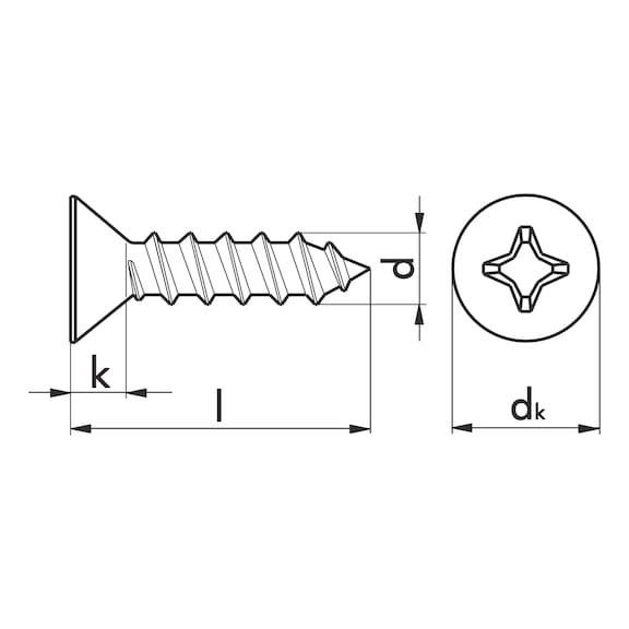 Senk-Blechschraube Form C mit Kreuzschlitz H DIN 7982, Edelstahl A2, mit Spitze - SHR-SEKPF-DIN7982-C-H2-A2-4,2X100
