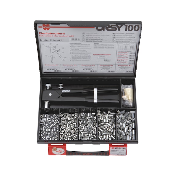 ORSY<SUP>®</SUP> rivet nuts with small countersunk head, assortment of 100  - RIV-NT-SET-CS-(A2B)-PLIERS-506PCS