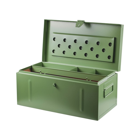 Tool case Made from sheet steel, robust design with reinforced lid