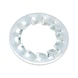 Rondella di sicurezza dentellata, internamente, forma J DIN 6798, acciaio zincato, passivato bianco (A2K). Con dentellatura interna. - 1