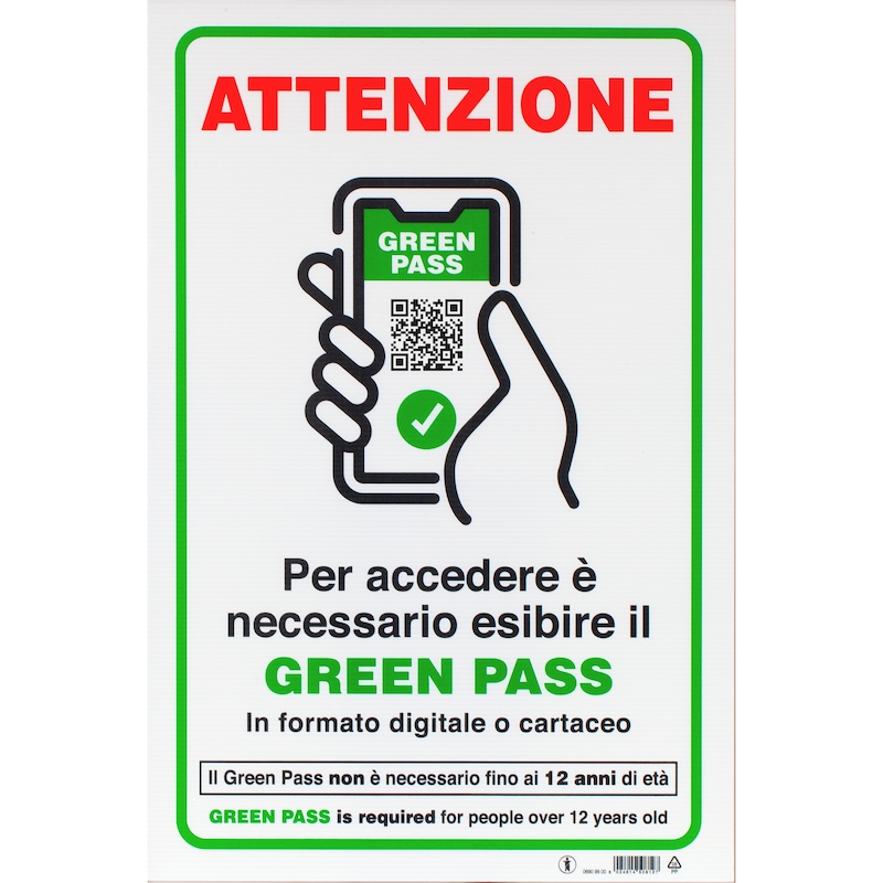 2x Adesivi Certificazione Verde Green Pass per ingresso locali adesivo 12,50x12,50 cm