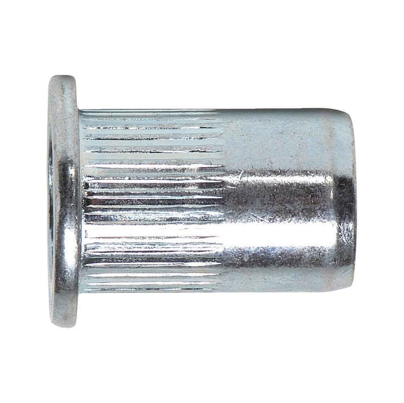 Rivet nut with flat head and knurled shank - 1