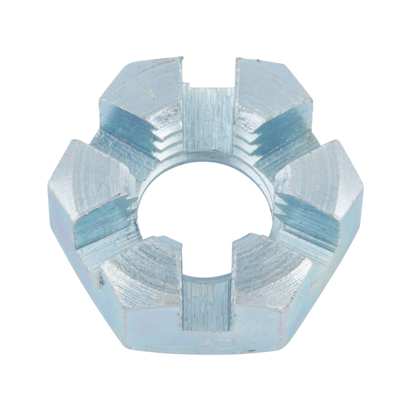 Castellated nut, low profile DIN 979, steel 05, zinc-plated, blue passivated (A2K) - 1