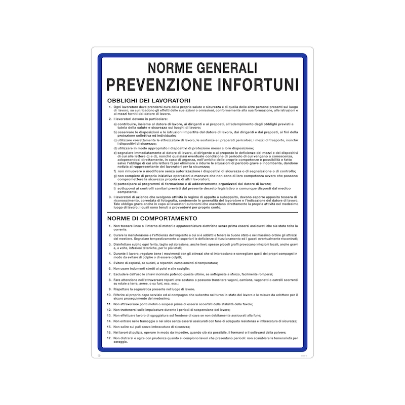 Cartello In Polionda 60x40 Cm - Norme Generali Prevenzione Infortuni - Segnaletica Di Sicurezza
