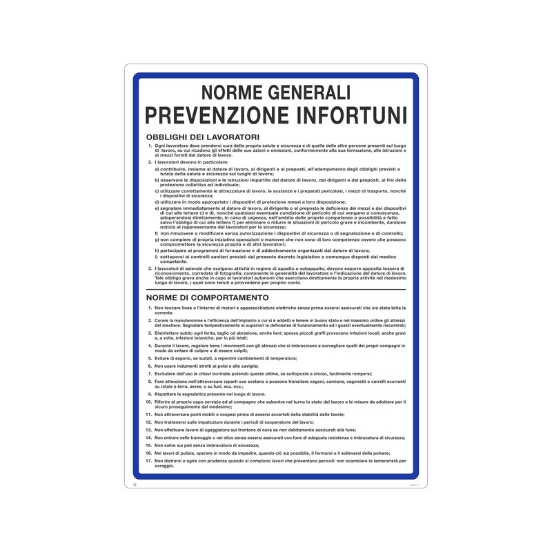 Cartello In Polionda 60x40 Cm - Norme Generali Prevenzione Infortuni - Segnaletica Di Sicurezza