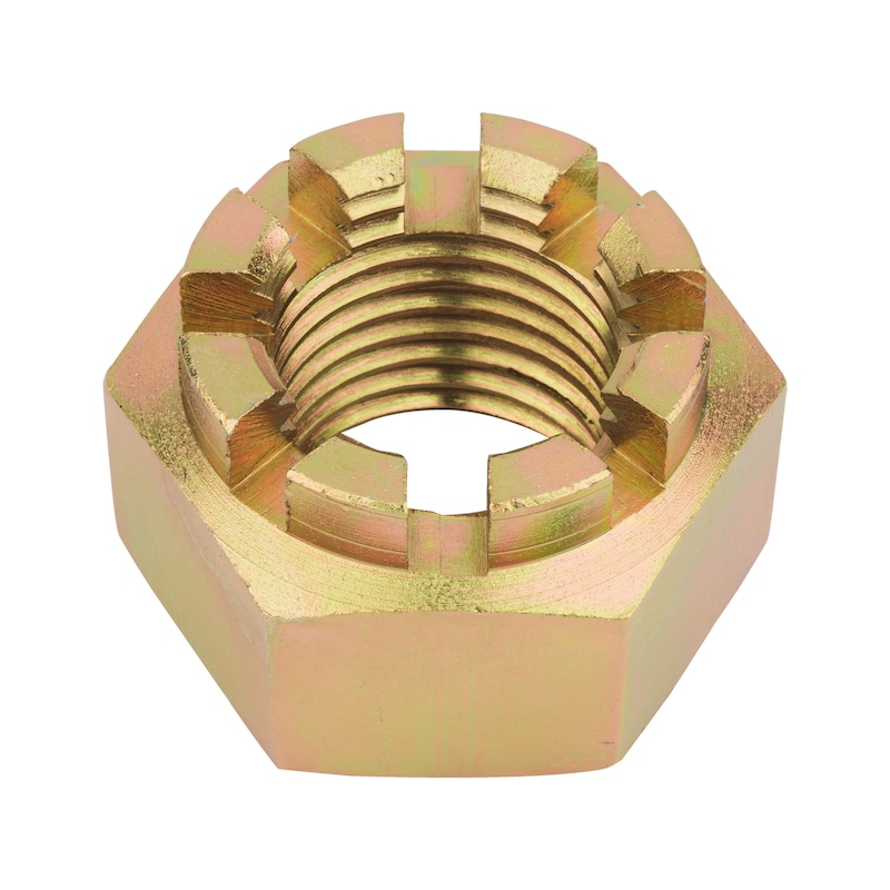 Castellated nut with fine thread DIN 935, steel 8, zinc-plated, yellow chromated (A2C/A3C) - 1