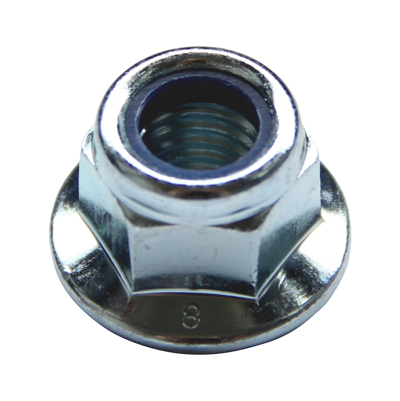 Hexagonal nut with flange and clamping piece (non-metallic insert) fine thread EN 1666, steel 10, zinc-plated, blue passivated (A2K)