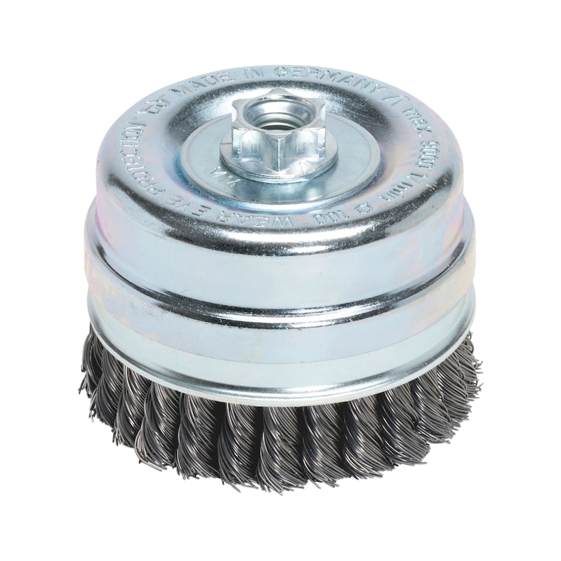 Wire cup brush with support ring, knotted steel with M14 connecting thread - CPBRSH-AG-KNOTTED-STEEL-D100MMXM14