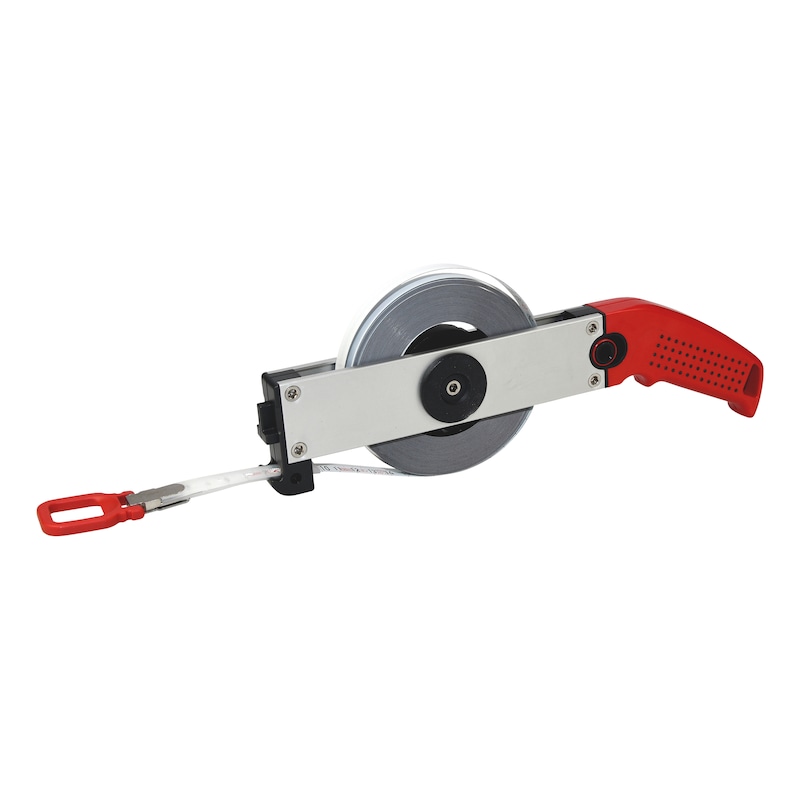Steel tape measure with light metal frame and hook 