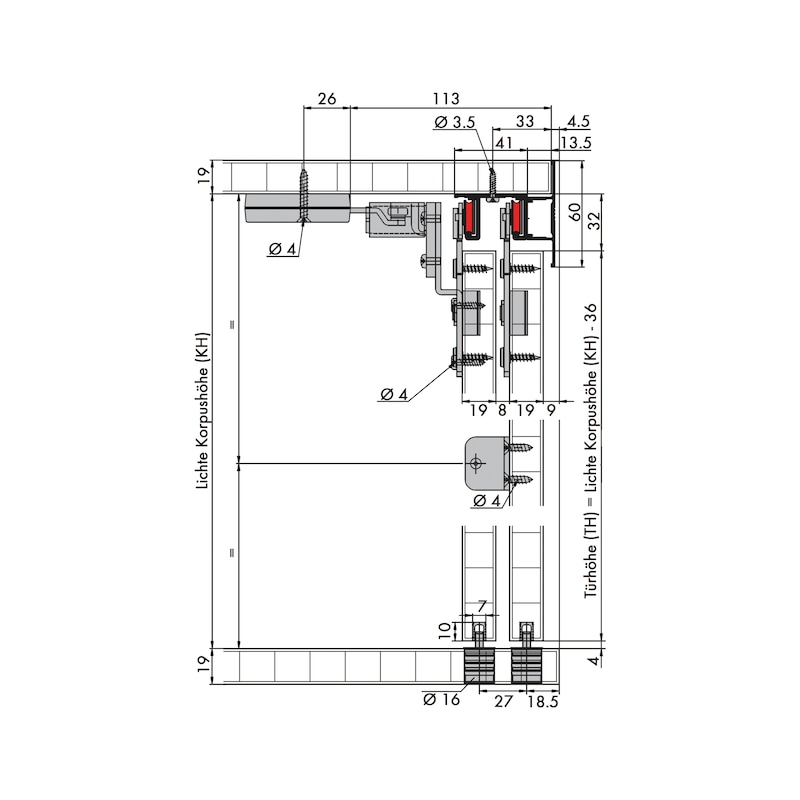 Möbelschiebetürbeschlag-Set redoslide M30-HE für 3 Türen - 3