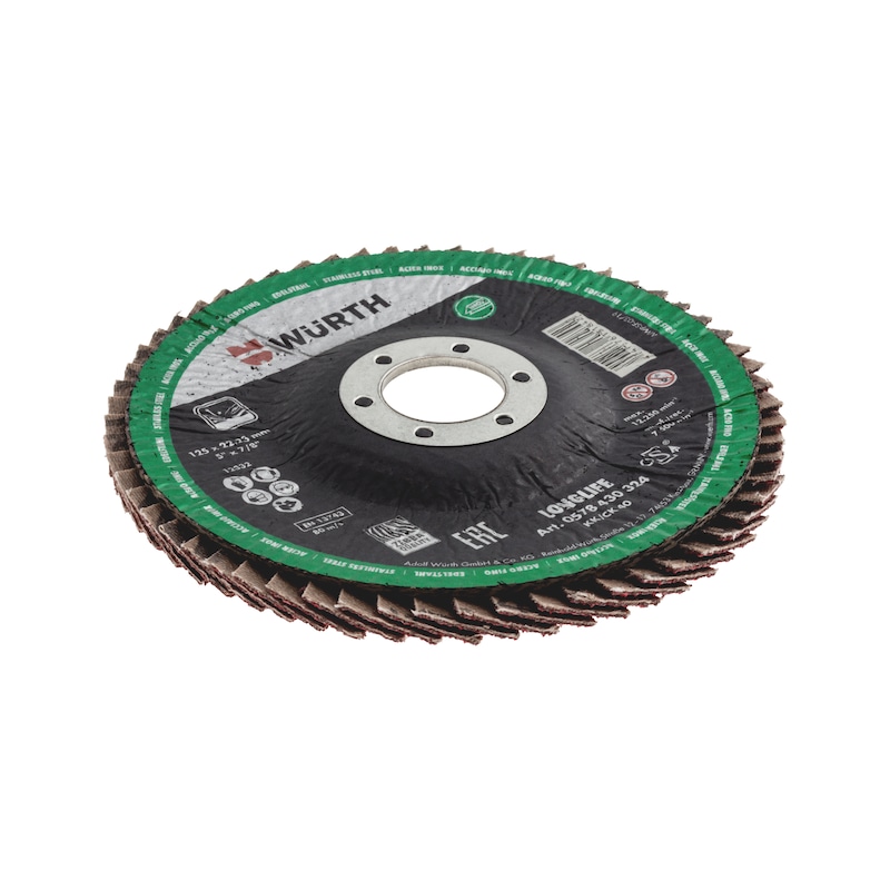 Longlife lamella flap disc for stainless steel - FLPDISC-LL-A2-CG-CLTH-DOMED-G40-D125