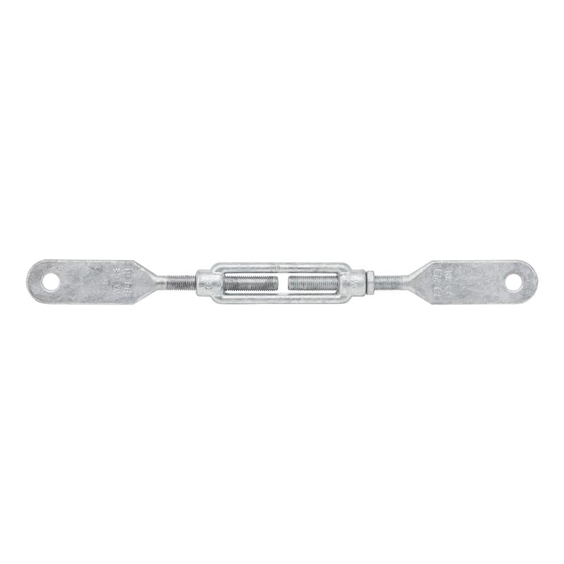 Turnbuckle with flat leaf bolts and jam nut DIN 1480 (open shape), steel S235JR, hot-dip galvanised - 1