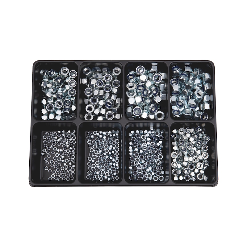 Hexagon nut, low profile, with clamping piece (non-metal insert) assortment 600 pieces - 1