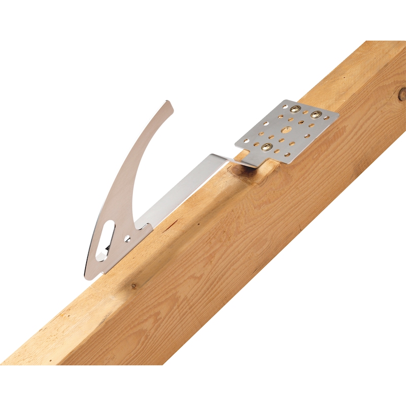 Bezpečnostní střešní hák se sníženým středem Pro střechy s&nbsp;modulovou krytinou a&nbsp;širokým designem pro flexibilní připevnění k&nbsp;nosné dřevěné konstrukci a&nbsp;také pro přemostění střešních latí
