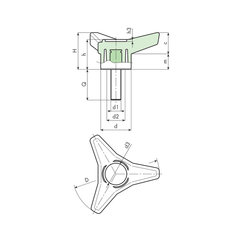 Three prong knob with stud screw Hollow hub - 2