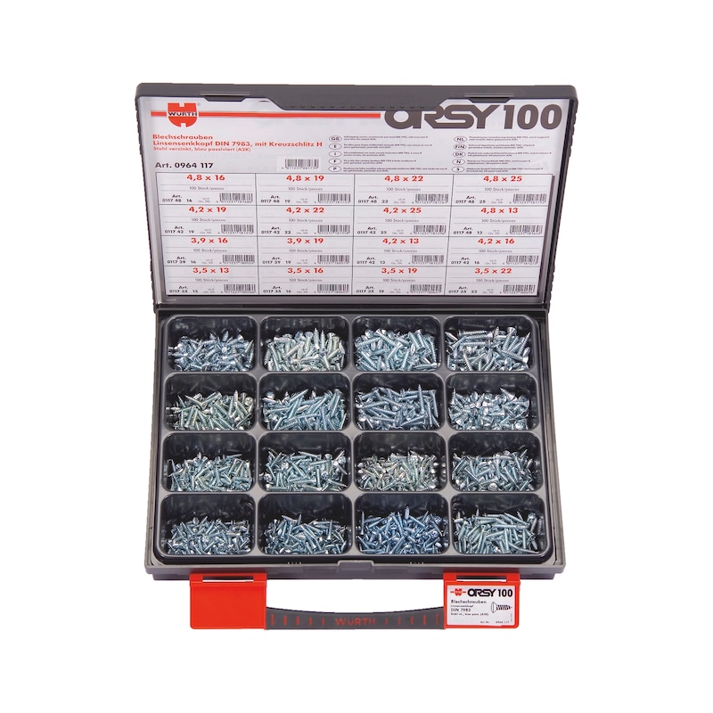 Raised countersunk tapping screws ORSY<SUP>®</SUP>assortment of 100 - SCR-STAP-SET-DIN7983-H2-(A2K)-1600PCS