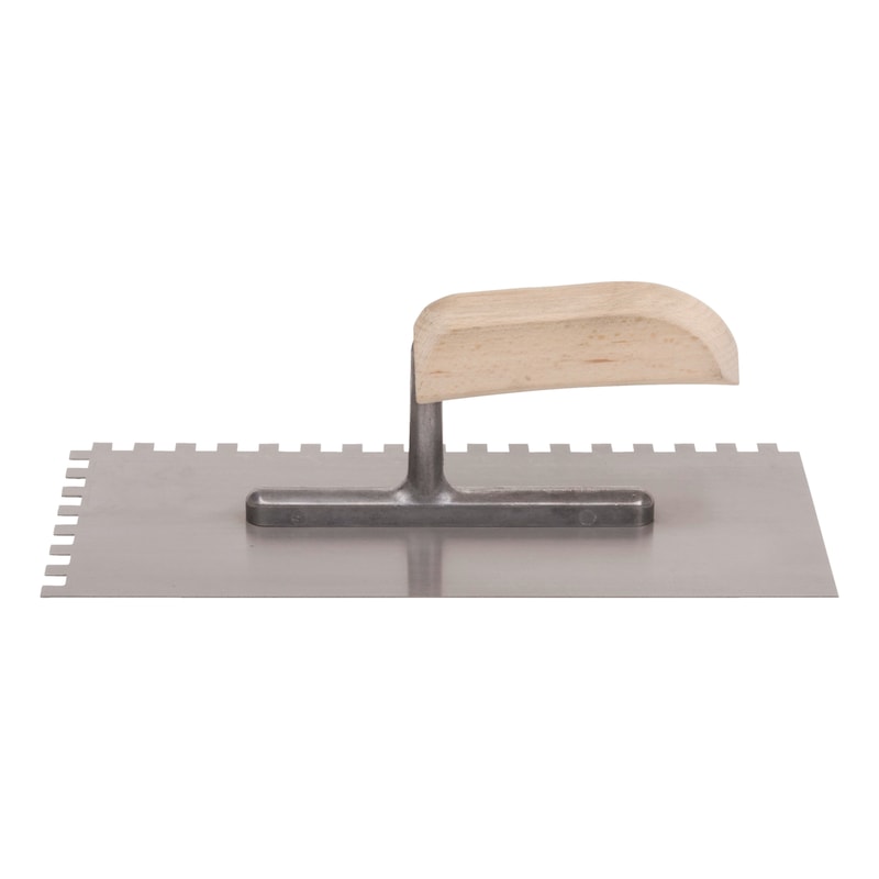 Toothed trowel steel with wooden handle