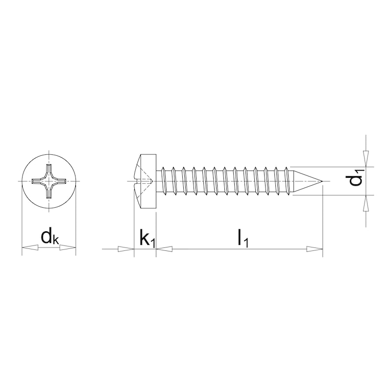 Pan head tapping screw shape C with H recessed head DIN 7981, A2 stainless steel, shape C, with tip - 2