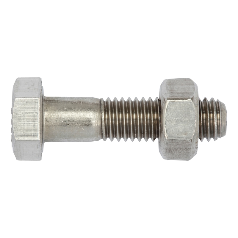 Hexagonal bolt with shaft, SB fittings, DIN EN 15048-1 ISO 4014, A2-70 stainless steel, plain, with nut ISO 4032 - 1