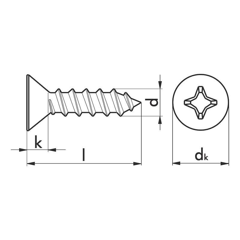 Countersunk tapping screw shape F with H recessed head DIN 7982, steel, zinc-plated, blue passivated (A2K) - SCR-CS-DIN7982-F-H2-(A2K)-3,9X13
